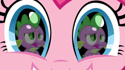Size: 1000x563 | Tagged: safe, pinkie pie, spike, dragon, earth pony, pony, close-up, eye, eyes, female, grin, male, mare, pinkiespike, reflection, shipping, smiling, straight