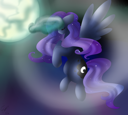 Size: 3000x2700 | Tagged: safe, artist:girorogirl, princess luna, alicorn, pony, eyes closed, flying, moon, solo