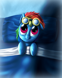 Size: 1200x1500 | Tagged: safe, artist:shinzm, rainbow dash, pegasus, pony, bed, female, filly, foal, goggles, on back, pillow, solo, younger