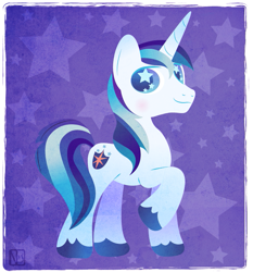 Size: 731x786 | Tagged: safe, artist:disfiguredstick, shining armor, pony, unicorn, male, purple background, raised hoof, simple background, smiling, solo, stallion, stars, two toned mane, two toned tail, unshorn fetlocks, white coat, wingding eyes