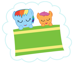 Size: 711x600 | Tagged: safe, artist:doctorxfizzle, rainbow dash, scootaloo, pegasus, pony, baby, baby pony, cloud, cute, duo, duo female, female, foal, on back, scootalove, sleeping