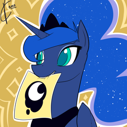 Size: 2400x2400 | Tagged: safe, artist:valcron, princess luna, alicorn, pony, crown, cute, female, jewelry, lunabetes, mare, mouth hold, regalia, smiling, solo