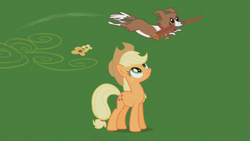 Size: 853x480 | Tagged: safe, screencap, applejack, winona, earth pony, pony, may the best pet win, duo, female, mare, smiling, stick