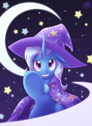 Size: 802x1096 | Tagged: safe, artist:skyheavens, derpibooru import, trixie, pony, unicorn, cape, clothes, female, hat, mare, pointing, pointing at you, solo, space, stars, trixie's cape, trixie's hat