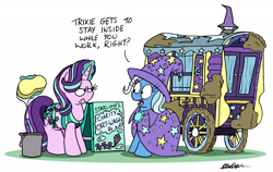 Size: 2434x1542 | Tagged: safe, artist:bobthedalek, derpibooru import, starlight glimmer, trixie, pony, unicorn, bikini, bucket, cape, car wash, caravan, clothes, glowing horn, hat, inconvenient trixie, magic, mud, sponge, starlight is not amused, swimsuit, telekinesis, trixie's cape, trixie's hat, trixie's wagon, unamused