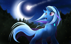 Size: 3000x1875 | Tagged: safe, artist:malifikyse, derpibooru import, trixie, pony, unicorn, female, hatless, mare, missing accessory, moon, night, shooting star, solo