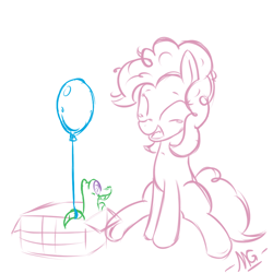 Size: 900x900 | Tagged: safe, artist:microgrid, gummy, pinkie pie, earth pony, pony, balloon, basket, female, mare, sitting, smiling