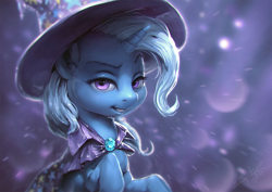 Size: 1200x850 | Tagged: safe, artist:assasinmonkey, derpibooru import, trixie, pony, unicorn, cape, clothes, female, hat, looking at you, mare, solo, trixie's cape, trixie's hat