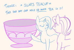 Size: 2840x1900 | Tagged: safe, artist:niteax, derpibooru import, starlight glimmer, trixie, unicorn, car salesman, cup, duo, eyes closed, female, mare, pointing, simple background, slaps roof of car meme, teacup, that pony sure does love teacups, white background