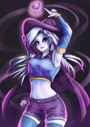 Size: 706x1000 | Tagged: safe, artist:the-park, derpibooru import, starlight glimmer, trixie, human, armpits, belly button, breasts, cape, clothes, cup, denim shorts, hat, humanized, magic, midriff, plushie, redo, shorts, simple background, socks, solo, tanktop, teacup, thigh highs, thighs, titsie, trixie's cape, trixie's hat, witch hat