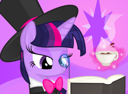 Size: 2300x1700 | Tagged: safe, derpibooru import, twilight sparkle, bowtie, classy, hat, monocle, reading, tea, top hat