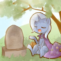 Size: 800x800 | Tagged: safe, artist:gyaheung, derpibooru import, trixie, pony, unicorn, eyes closed, female, grave, gravestone, mare, open mouth, orphan, sitting, solo