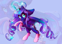 Size: 2912x2059 | Tagged: safe, artist:wilvarin-liadon, princess luna, alicorn, pony, bow, clothes, cute, drill hair, female, filly, heart eyes, looking at you, magic, rearing, socks, solo, wingding eyes