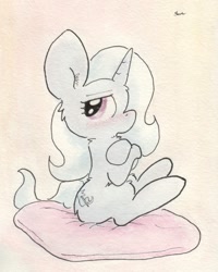 Size: 957x1194 | Tagged: safe, artist:slightlyshade, derpibooru import, trixie, pony, unicorn, female, mare, pillow, solo, traditional art