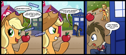 Size: 1500x656 | Tagged: safe, artist:madmax, applejack, doctor whooves, earth pony, pony, apple, comic, crossover, duo, eleventh doctor, female, male, mare, ponified, stallion, tardis