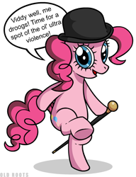 Size: 600x780 | Tagged: safe, artist:old roots, pinkie pie, earth pony, pony, a clockwork orange, alex delarge, bipedal, bowler hat, cane, female, hat, mare, nadsat, solo