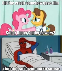 Size: 632x720 | Tagged: safe, pinkie pie, earth pony, pony, unicorn, 60s spider-man, bed, female, image macro, male, mare, meme, spider-man, stallion