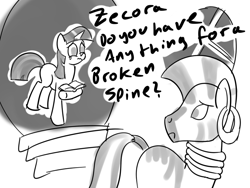 Size: 800x600 | Tagged: safe, artist:dr. white, artist:tggeko, derpibooru import, twilight sparkle, zecora, zebra, adorkable, book, comic, cute, dork, egghead, lineart, pun, zecorable