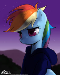 Size: 800x1001 | Tagged: safe, artist:johnjoseco, rainbow dash, pegasus, pony, read it and weep, clothes, female, hoodie, mare, night, sad, solo