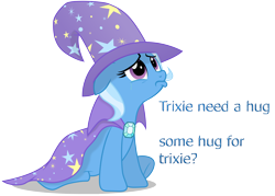 Size: 7056x5064 | Tagged: safe, artist:darkwolfmx, artist:regolithx, derpibooru import, edit, trixie, pony, unicorn, absurd resolution, bronybait, crying, cute, diatrixes, female, floppy ears, hug, hug request, looking up, mare, pouting, sad, simple background, sitting, solo, third person, transparent background, underhoof