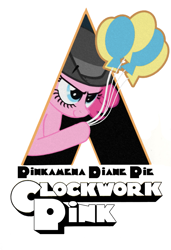 Size: 1201x1760 | Tagged: safe, pinkie pie, earth pony, pony, a clockwork orange, a clockwork pink, balloon, bowler hat, female, hat, mare, poster, smiling, solo, stanley kubrick, ultra friendship