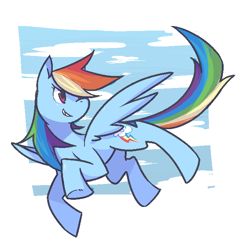 Size: 647x662 | Tagged: safe, artist:9aia, rainbow dash, pegasus, pony, female, flying, grin, looking back, mare, sky, smiling, solo