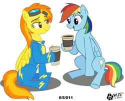 Size: 785x635 | Tagged: safe, artist:wolfjedisamuel, rainbow dash, spitfire, pegasus, pony, coffee, coffee cup, cup, duo, duo female, female, goggles, mare, simple background, sitting, smiling, wonderbolts uniform