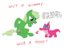 Size: 1200x900 | Tagged: safe, artist:equestria-prevails, gummy, pinkie pie, earth pony, pony, angry, duo, gatorfied, gummy pie, hat, male, meme, party hat, party horn, ponified, ponified pony pets, role reversal, simple background, species swap, stallion, transparent background, vulgar, wut if gummy wuz a meme