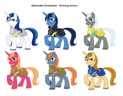 Size: 3313x2578 | Tagged: safe, artist:aeroytechyon-x, artist:pika-robo, big macintosh, night light, salty (g1), shining armor, tex, earth pony, pony, unicorn, g1, g4, alternate costumes, armor, g1 to g4, generation leap, male, palette swap, recolor, royal guard, simple background, stallion, transparent background, vector