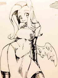 Size: 1023x1365 | Tagged: safe, artist:hotomura, fluttershy, anthro, breasts, cheongsam, clothes, contrapposto, evening gloves, female, gloves, hootershy, long gloves, monochrome, side slit, socks, solo, thigh highs, traditional art, vacuum sealed clothing, waist wings