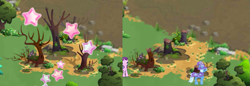 Size: 865x298 | Tagged: safe, derpibooru import, starlight glimmer, trixie, pony, changeling kingdom, comparison, dead tree, deforestation, female, game screencap, gameloft, mare, stars, tree, tree stump