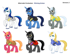 Size: 3313x2578 | Tagged: safe, artist:aeroytechyon-x, artist:pika-robo, big macintosh, king sombra, night light, prince blueblood, shining armor, earth pony, pony, unicorn, alternate costumes, male, palette swap, recolor, royal guard, stallion, vector