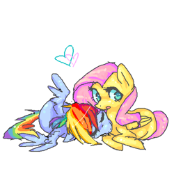 Size: 500x500 | Tagged: safe, artist:butterfly-pants, fluttershy, rainbow dash, pegasus, pony, female, flutterdash, heart, lesbian, lying down, mare, oekaki, on side, prone, shipping, simple background