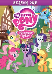 Size: 1521x2142 | Tagged: safe, derpibooru import, angel bunny, applejack, fluttershy, pinkie pie, rainbow dash, rarity, spike, twilight sparkle, unicorn twilight, dragon, earth pony, pegasus, pony, rabbit, unicorn, season 1, dvd, dvd cover, female, fim logo, male, mane seven, mane six, mare, merchandise, my little pony logo, official, stock vector