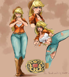 Size: 1068x1200 | Tagged: safe, artist:sundown, applejack, human, applebucking thighs, applejack's hat, belt buckle, blood, boots, cigarette, clothes, cowboy boots, cowboy hat, female, hat, humanized, jeans, martial arts, pants, smoking