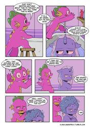 Size: 2894x4093 | Tagged: safe, artist:raph13th, derpibooru import, spike, trixie, dragon, pony, unicorn, comic:glim glam and pals, bathing, bathroom, bathtub, comic, implied shipping, implied spixie, implied straight, shampoo