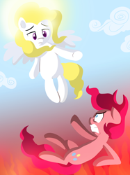 Size: 800x1067 | Tagged: safe, artist:willdrawforfood1, pinkie pie, surprise, earth pony, pegasus, pony, g1, angry, ask surprise, cloud, duo, duo female, falling, female, fire, flying, g1 to g4, generation leap, gritted teeth, hotblooded pinkie pie, mare, sky, spread wings, sun