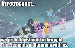 Size: 665x431 | Tagged: safe, edit, edited screencap, screencap, applejack, fluttershy, king sombra, pinkie pie, rainbow dash, rarity, shining armor, spike, twilight sparkle, dragon, earth pony, pegasus, pony, umbrum, unicorn, the crystal empire, caption, dragons riding ponies, elements of harmony, image macro, mane seven, mane six, riding