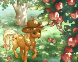 Size: 500x400 | Tagged: safe, artist:celesse, applejack, earth pony, pony, apple, dappled sunlight, female, mare, orchard, solo, tree