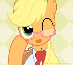 Size: 900x800 | Tagged: safe, artist:yuki endo, applejack, earth pony, pony, abstract background, clothes, cute, female, glasses, hatless, jackabetes, looking at you, mare, missing accessory, schoolgirl, solo, wink