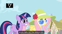 Size: 922x513 | Tagged: safe, derpibooru import, screencap, fluttershy, twilight sparkle, pegasus, pony, preggoshy, youtube caption