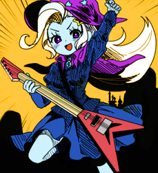 Size: 1500x1637 | Tagged: safe, artist:starwantrix, artist:weiliy, color edit, derpibooru exclusive, derpibooru import, edit, trixie, equestria girls, clothes, colored, cute, diatrixes, dress, flying v, guitar, hat, solo, trixie's hat, vocaloid