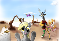 Size: 1386x958 | Tagged: safe, artist:gela-g-i-s-gela, derpibooru import, derpy hooves, discord, screwball, twilight sparkle, pegasus, pony, female, mare, rapidash, rapidash twilight, salvador dalí, surreal