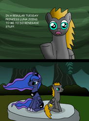 Size: 1024x1400 | Tagged: safe, artist:platinumdrop, princess luna, oc, oc:platinumdrop, alicorn, pony, comic, everfree forest, renegade, sitting