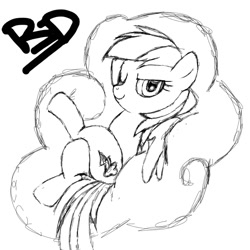 Size: 1080x1080 | Tagged: safe, artist:sugar-plum, rainbow dash, pegasus, pony, cloud, female, mare, monochrome, on back, one eye closed, smiling, solo