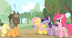 Size: 642x344 | Tagged: safe, derpibooru import, applejack, fluttershy, pinkie pie, twilight sparkle, earth pony, pegasus, pony, applejack is not amused, burned, burnt, good intentions gone wrong, smoke, this will end in angry countryisms, this will end in pain and/or angry countryisms, unamused, youtube link