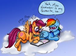 Size: 760x563 | Tagged: safe, artist:susiebeeca, rainbow dash, scootaloo, pegasus, pony, bandage, bandaid, blushing, cloud, female, lesbian, mare, older, older scootaloo, porn, porn stash, prone, scootadash, shipping, wingboner