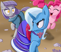 Size: 1280x1093 | Tagged: safe, artist:foudubulbe, derpibooru import, maud pie, pinkie pie, trixie, earth pony, pony, comic:damp rocks, blushing, clothes, dress, female, hair over one eye, lesbian, mauxie, necklace, shipping, starry eyes, tsundere, tsunderixie