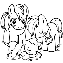 Size: 945x945 | Tagged: safe, artist:megasweet, apple bloom, applejack, big macintosh, earth pony, pony, apple siblings, baby, baby pony, colt, cute, filly, hatless, jackabetes, macabetes, male, missing accessory, monochrome, younger