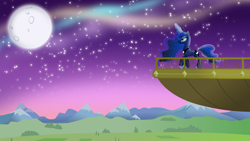 Size: 5333x3000 | Tagged: safe, artist:theshadowstone, princess luna, alicorn, pony, balcony, moon, mountain, mountain range, solo